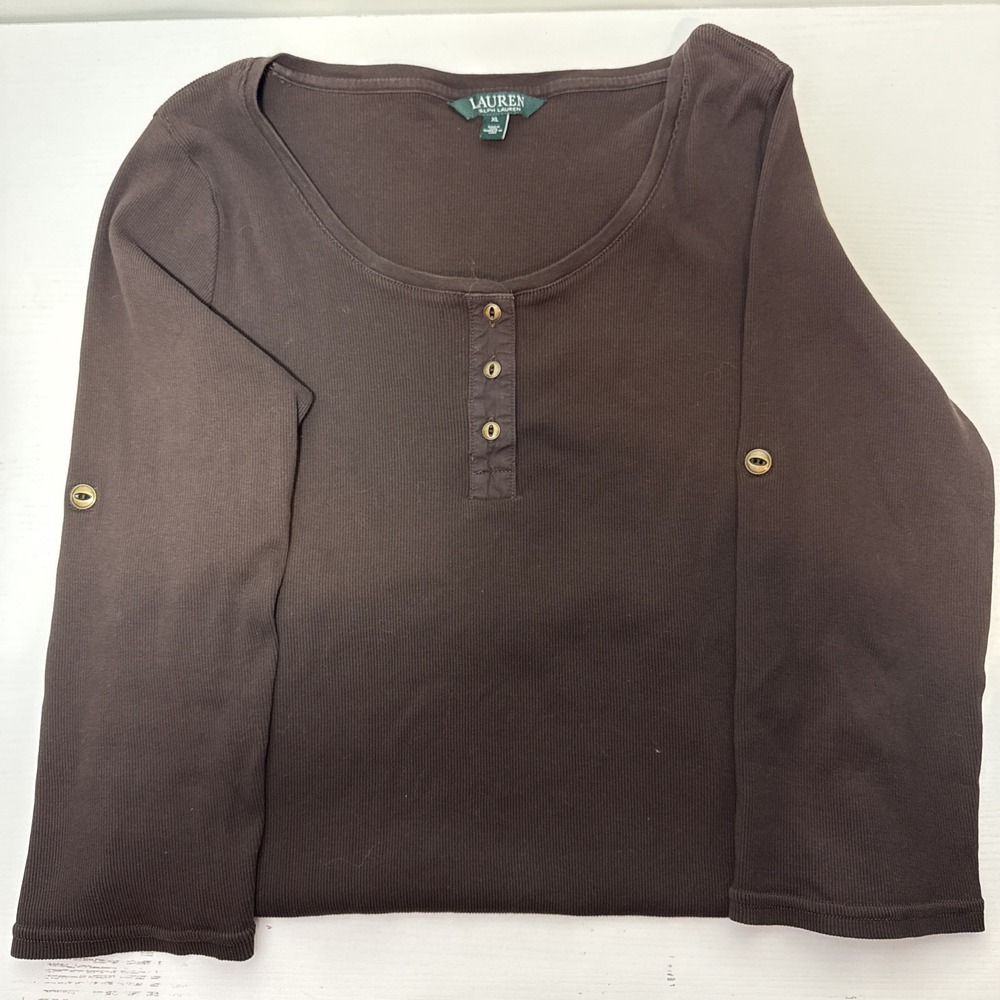 Lauren Ralph Lauren XL Brown Henley Top Y2K / Classic